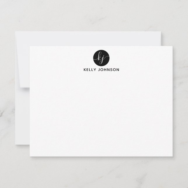 Simple Modern Girly Script Circle Monogram Black Note Card (Front)