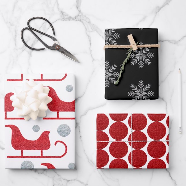 Simple Modern Glitzy Red White Santa Sleigh Snow Wrapping Paper Sheets (Front)