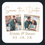 Simple Modern Gold 2 Photo Save The Date Square Sticker<br><div class="desc">Simple Modern Gold 2 Photo Save The Date Square Sticker</div>