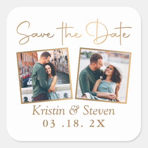 Simple Modern Gold 2 Photo Save The Date Square Sticker