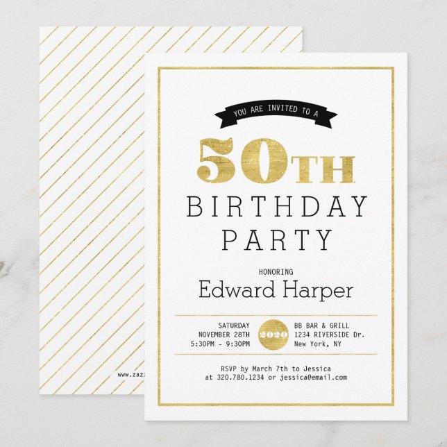 Simple Modern Gold 50th Birthday Party Invitation (Front/Back)
