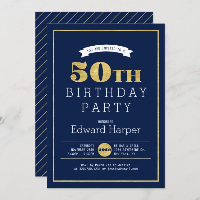 Simple Modern Gold 50th Birthday Party Invitation (Front/Back)