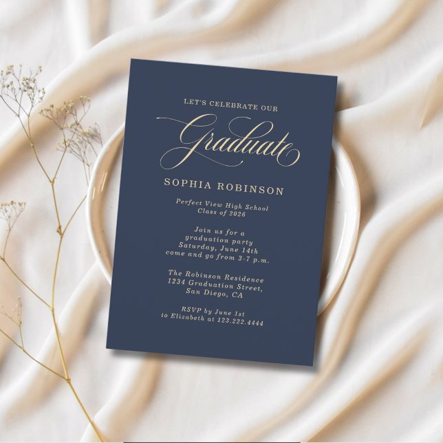 Simple Modern Gold Blue Graduation Party Invitation (Creator Uploaded)