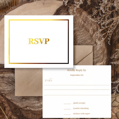 Simple Modern Gold Border Wedding RSVP     Foil Invitation Postcard