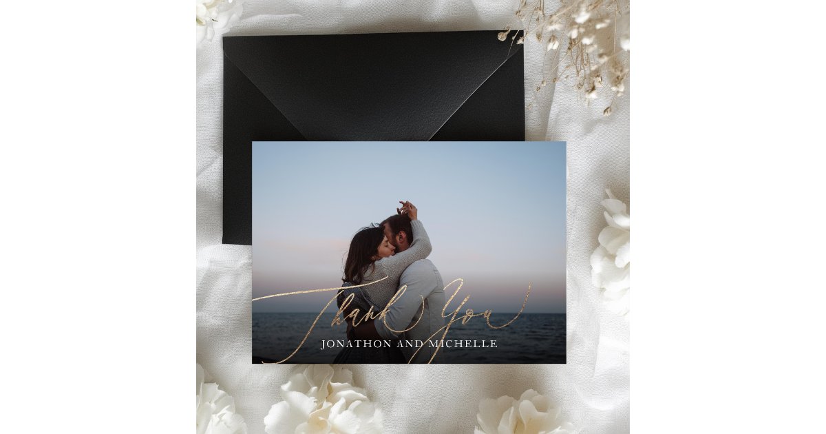 Simple Modern Gold Calligraphy Wedding Photo Thank You Card | Zazzle