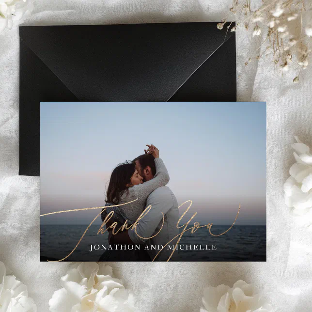 Simple Modern Gold Calligraphy Wedding Photo Thank You Card | Zazzle