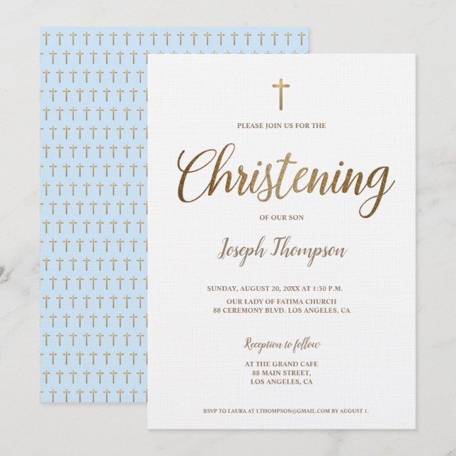 Simple Modern Gold Cross boy blue Christening Invitation (Front/Back)