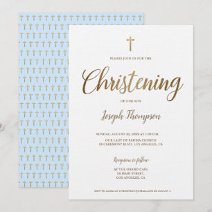 Simple Modern Gold Cross boy blue Christening Invitation