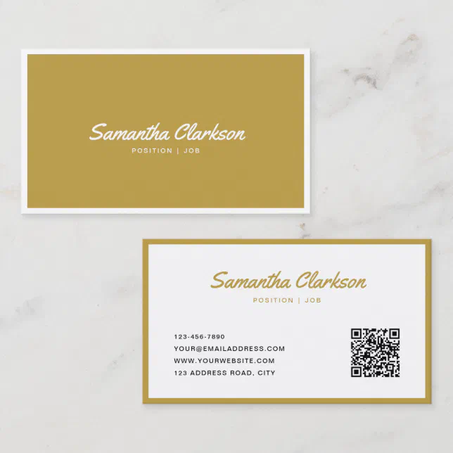 Simple Modern Gold Cursive Script Border QR Code Business Card | Zazzle