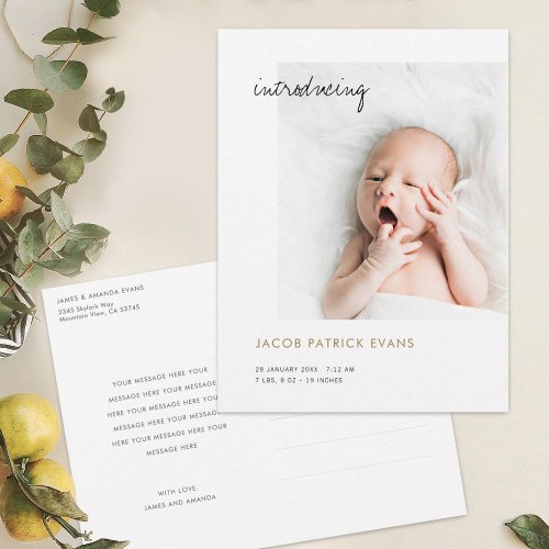 Simple Modern Gold Custom Photo New Baby Birth Announcement Postcard