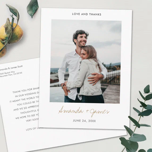 Simple Modern Gold Custom Photo Wedding Thank You Postcard | Zazzle