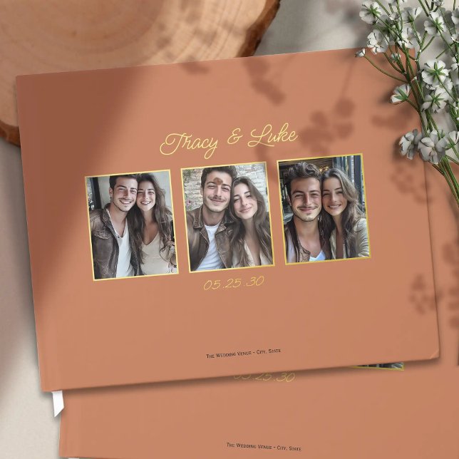 Simple Modern Gold Frame with Three Couple Photos Foil Guest Book (Simple Modern Gold Frame with Three Couple Photos Wedding Guest book. Elegant guestbook for wedding.)