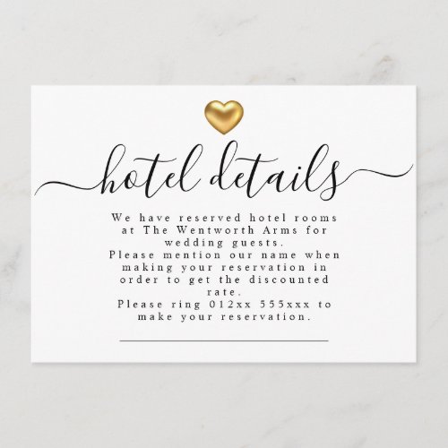 Simple Modern Gold Heart Wedding Hotel Details Enclosure Card