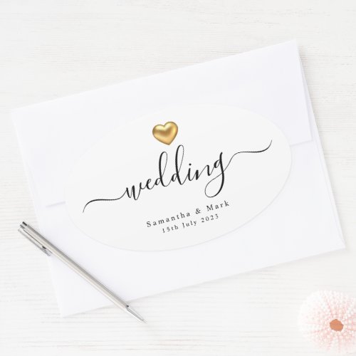 Simple Modern Gold Heart Wedding Oval Sticker