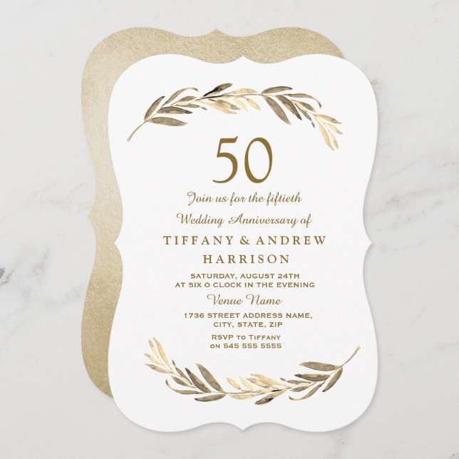 Simple Modern Gold Leaf 50th Wedding Anniversary Invitation (Front/Back)