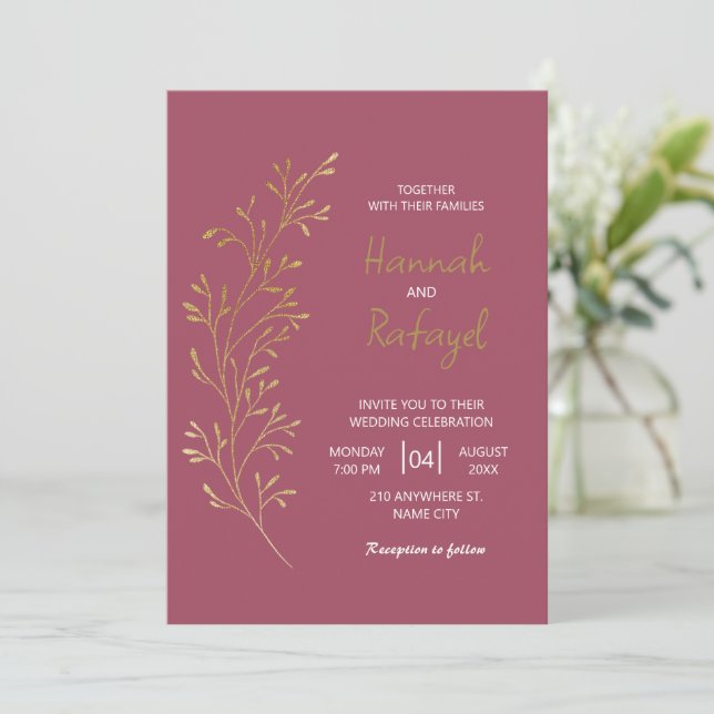 Simple Modern Gold Leaf Rose Wedding Invitation (Standing Front)