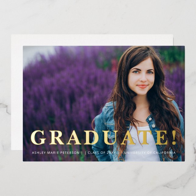 Simple Modern Gold Letters Photo Graduation   Foil Invitation (Front/Back)