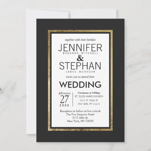 Simple Modern Gold Lined Black White Wedding Invitation