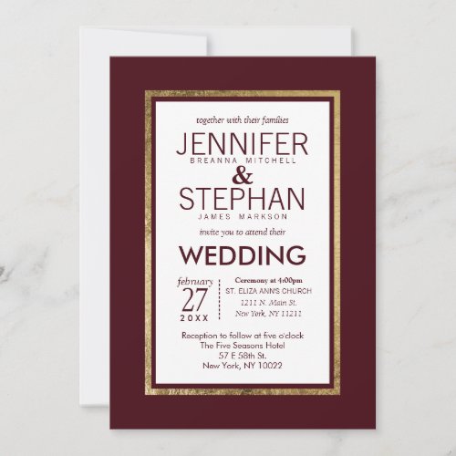 Simple Modern Gold Lined Burgundy Red Wedding Invitation
