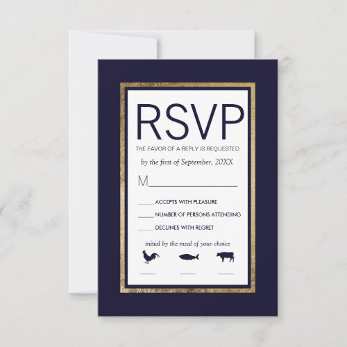 Simple Modern Gold Lined Navy Blue Meal Wedding RSVP Card