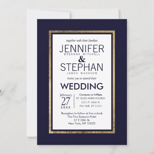 Simple Modern Gold Lined Navy Blue Wedding Invitation