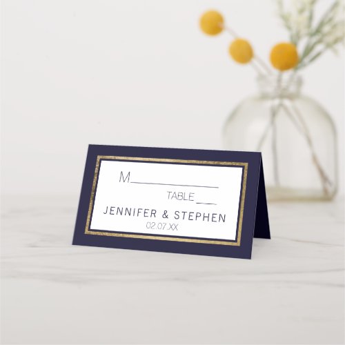Simple Modern Gold Lined Navy Blue Wedding Place Card