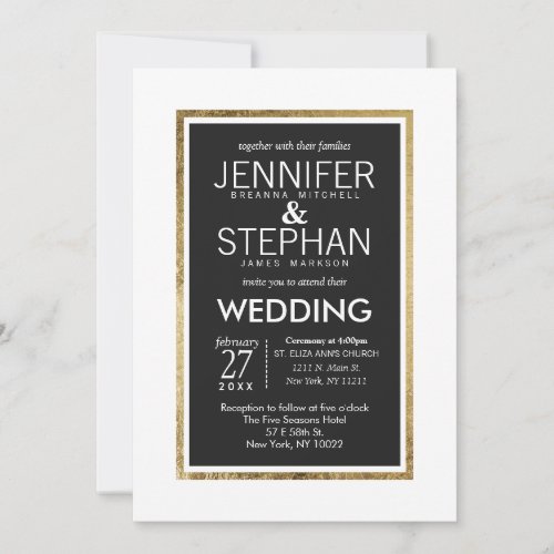 Simple Modern Gold Lined White Black Wedding Invitation