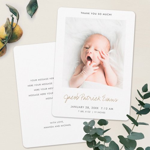 Simple Modern Gold Photo Baby Gift Thank You Card