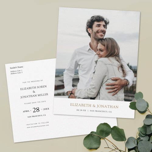Simple Modern Gold Photo Wedding Save the Date Invitation Postcard