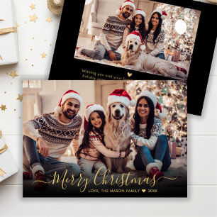 Simple Modern Gold Script 2 Photo Christmas Holiday Card