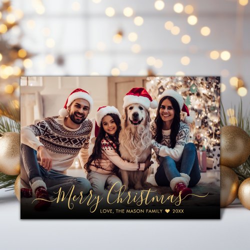 Simple Modern Gold Script 2 Photo Christmas Holiday Card