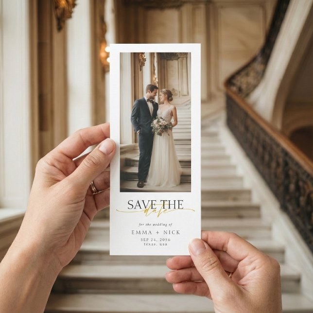 Simple Modern Gold Script Bookmark Photo Wedding Save The Date (Creator Uploaded)