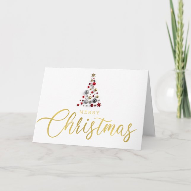 Simple Modern Gold Script Christmas Tree Holiday Card (Front)