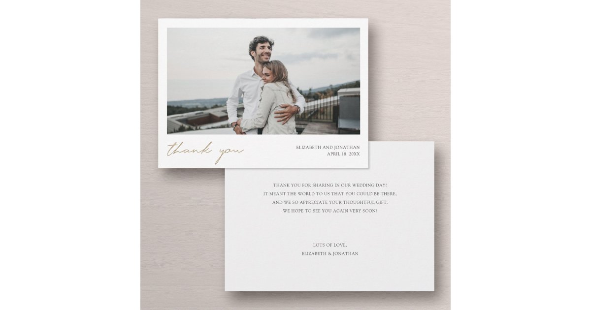 Simple Modern Gold Script Custom Photo Wedding Thank You Card | Zazzle