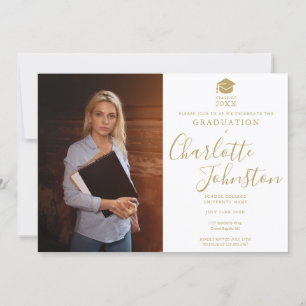 Simple Modern Gold Script Graduation Party Photo Invitation