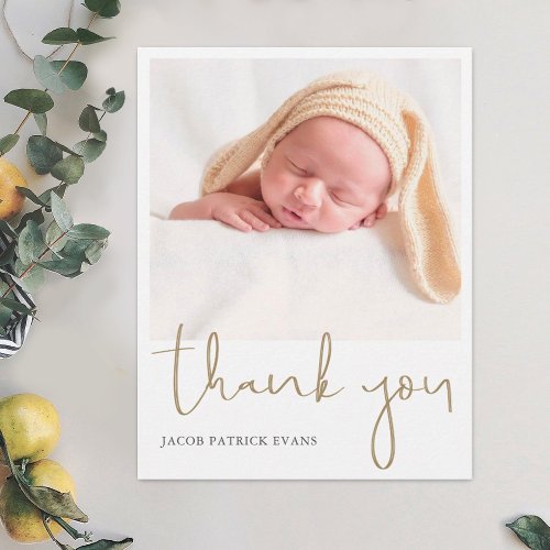 Simple Modern Gold Script Photo Baby Gift Thank You Card