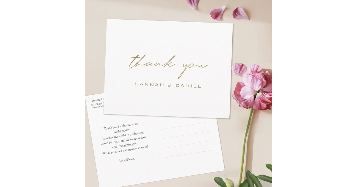 Simple Modern Gold Script Wedding Thank You Postcard | Zazzle