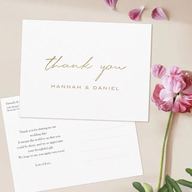 Simple Modern Gold Script Wedding Thank You Postcard | Zazzle