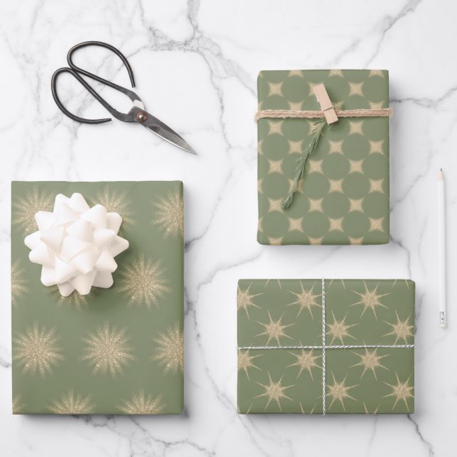Simple Modern Gold Starburst Soft Green Christmas Wrapping Paper Sheets (Front)