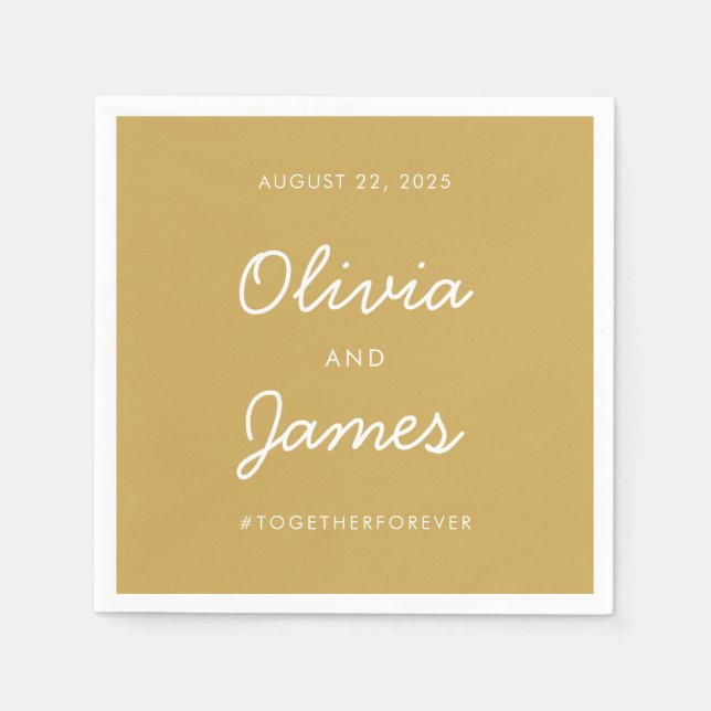 Simple Modern Gold White Script Wedding Hashtag Napkins (Front)