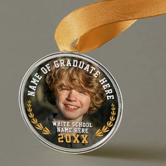 Simple Modern Gold Yellow School Grad Photo Medal 