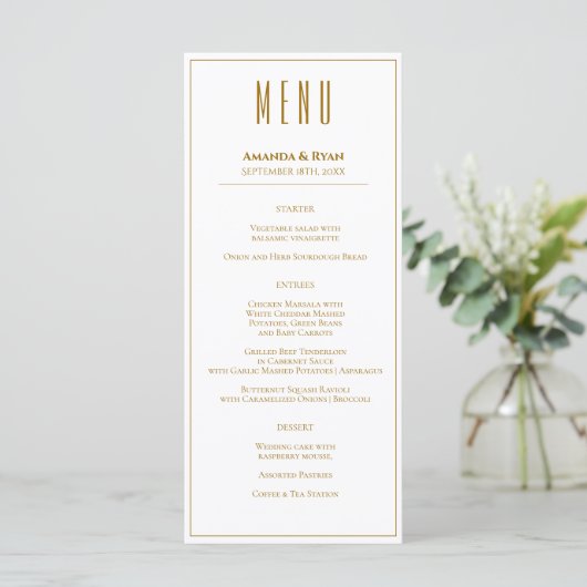 Simple Modern Golden Script Wedding Menu (Standing Front)