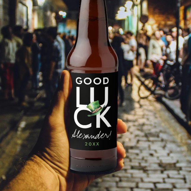 Simple Modern Good Luck Black White Green Tophat  Beer Bottle Label (Creator Uploaded)
