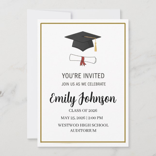 Simple Modern Graduation Cap & Diploma Party  Invitation (Front)