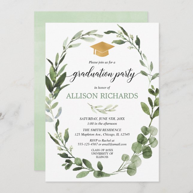 Simple modern graduation party greenery green gold invitation (Front/Back)