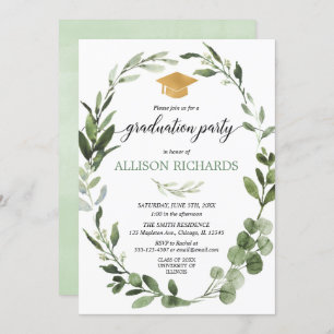 Simple modern graduation party greenery green gold invitation