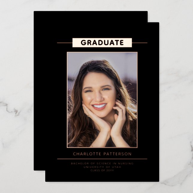 Simple Modern Graduation Photo Rose Gold Script Foil Invitation (Front/Back)