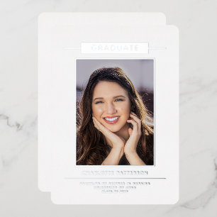 Simple Modern Graduation Photo Silver Script Foil Invitation