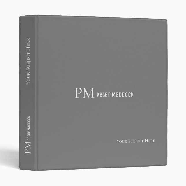 Simple Modern Gray Binder with Name & Monogram (Front/Spine)