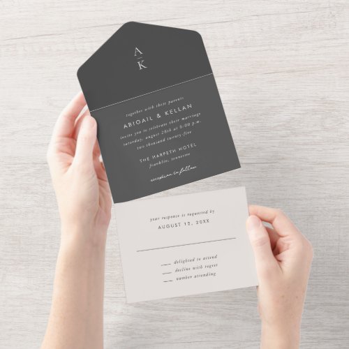 Simple Modern Gray Monogram Wedding All In One Invitation